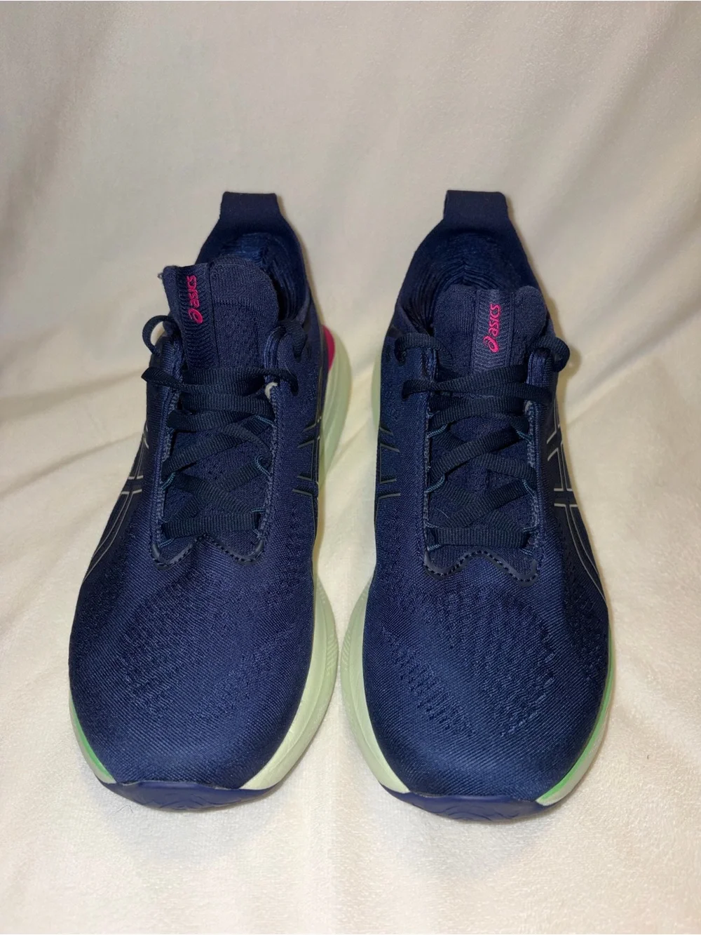ASICS Navy Running Shoes with Pink and Lime Accents women size 8.5